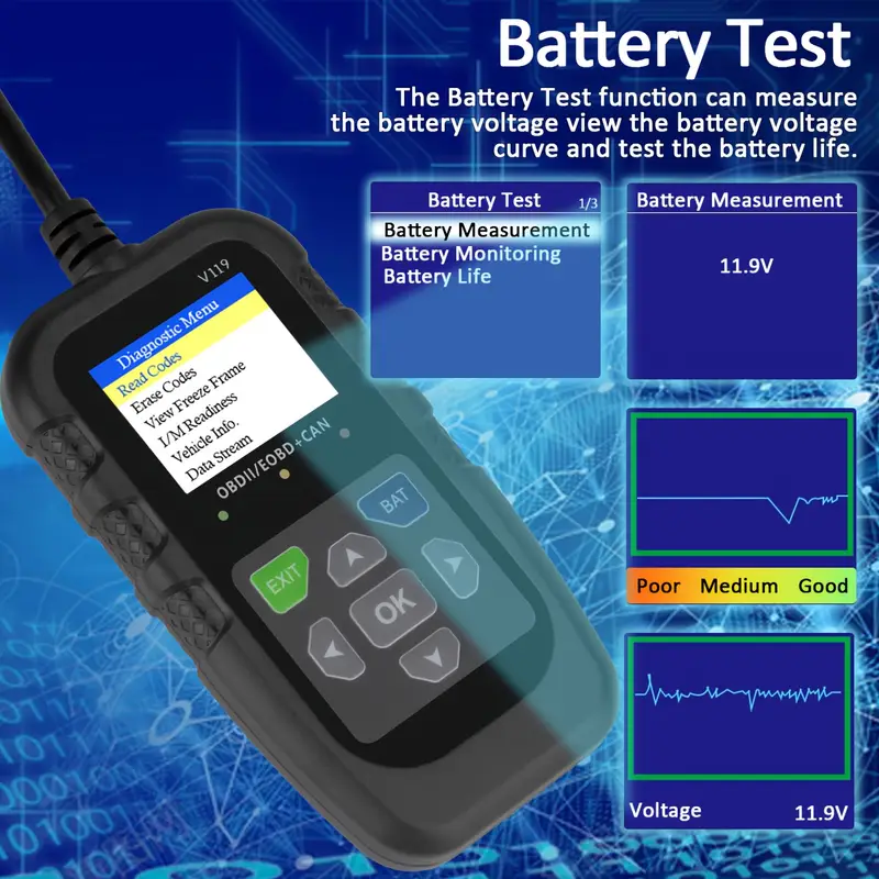 V119 OBD2 Tarayıcı Kod Okuyucu - Power Supply Tester incelemesi ve fiyatı
